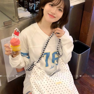 日韩慵懒风白色波点帆布包少女小清新大容量通勤托特包小众单肩包