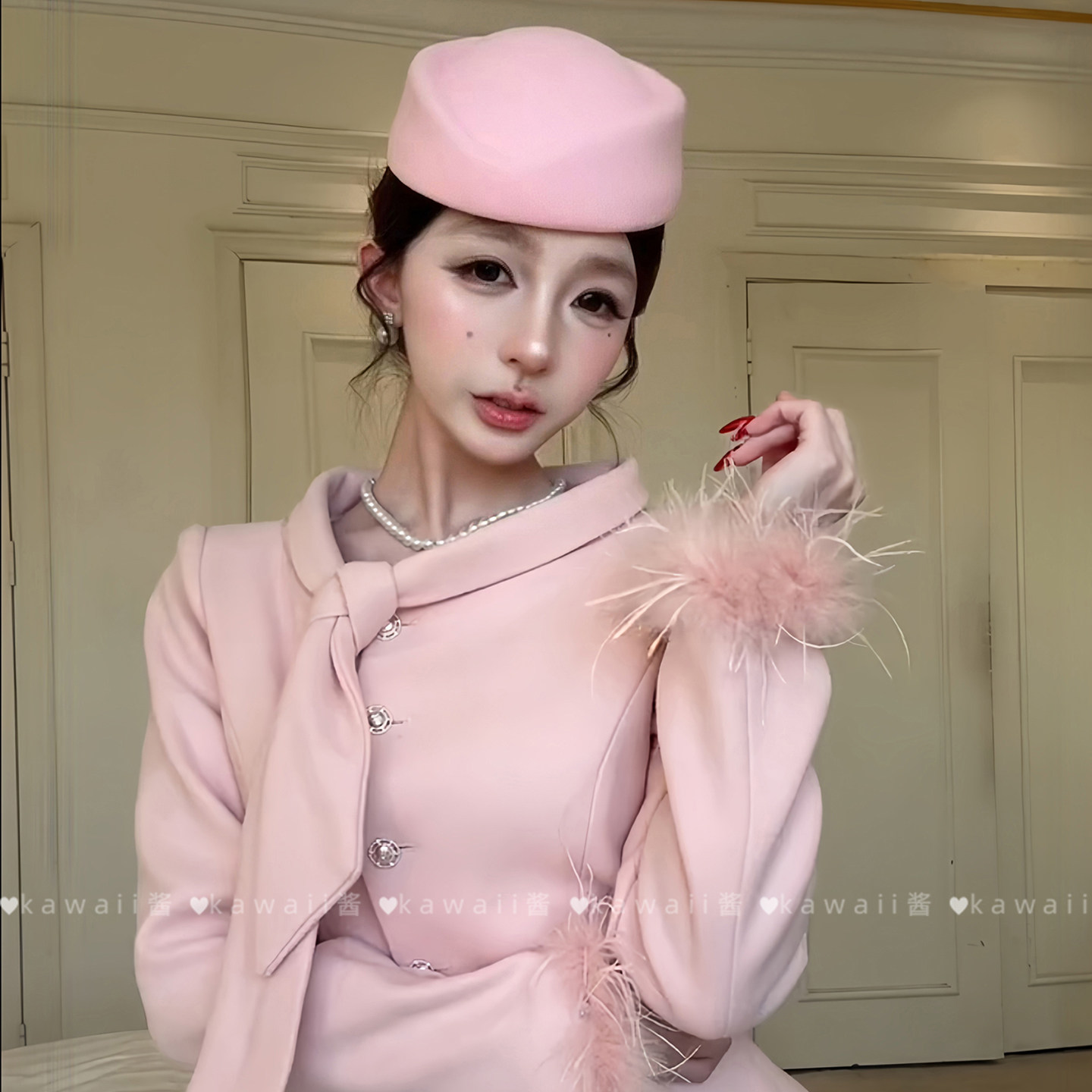 赫本风粉色平顶礼帽法式高级感千金风优雅贝雷帽旗袍礼服聚会配饰