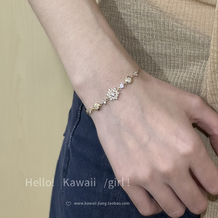 vintage古着小众镶钻雪花手链女小众设计感手环可调节手饰抽拉式