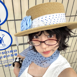 沙滩度假风旅游遮阳防晒平顶礼帽 日系小清新蕾丝波点花朵草帽夏季