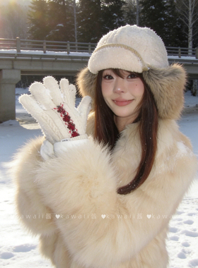 日系复古羊羔绒雷锋帽女冬户外滑雪骑行加厚东北防寒毛绒护耳帽子