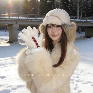 日系复古羊羔绒雷锋帽女冬户外滑雪骑行加厚东北防寒毛绒护耳帽子