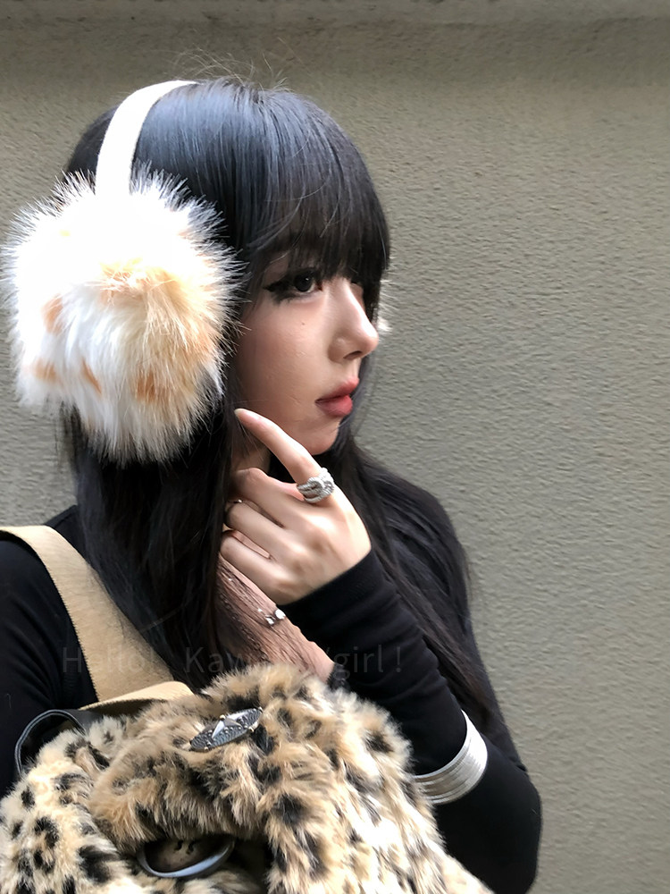 SUBCULTURE HOT GIRL 표범 인쇄 귀마개 여성의 달콤하고 시원한 밀레니엄 스타일 모조 여우 모피 귀마개 플러시 따뜻하고 얼굴 모양의 작은 귀 가방