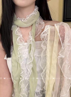 森系小清新绿色木耳蕾丝边丝巾春夏季薄款长条系脖飘带小领巾装饰
