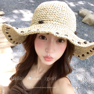 春夏大帽檐木珠编织草帽小众遮阳显脸小渔夫帽海边度假风拍照帽子
