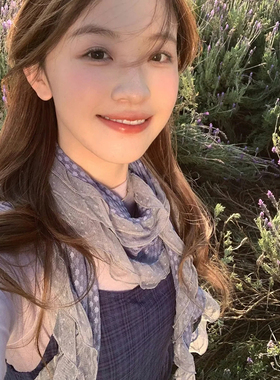 藤井树同款古早灰蓝色波点蕾丝边丝巾木耳边长款围脖拍照云南围巾