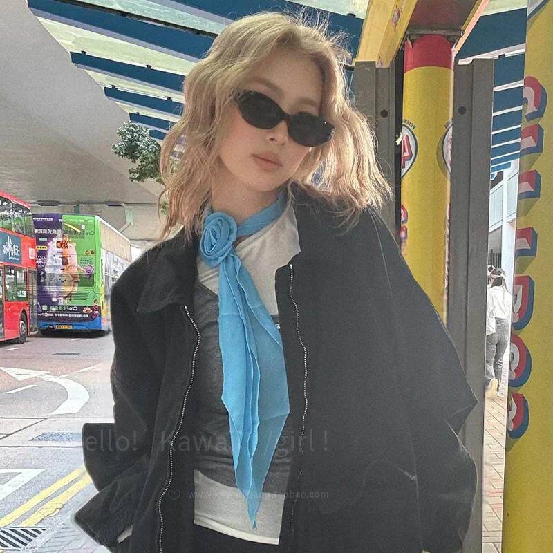 y2k复古蓝色玫瑰花丝巾女图片