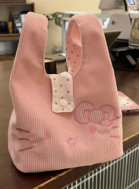 粉色甜美kitty包包便携式灯芯绒帆布包上班族杂物小拎包2025新款