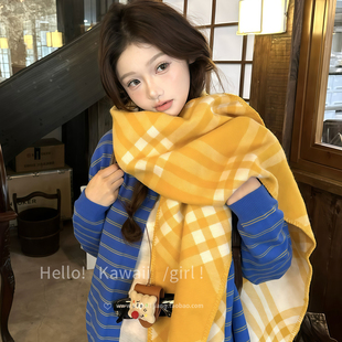 秋冬韩系明媚温柔黄色格纹围巾文艺复古百搭气质披肩加厚保暖围脖