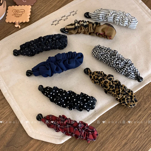 复古豹纹波点褶皱香蕉夹女后脑勺盘发抓夹马尾夹竖夹发卡头饰发饰