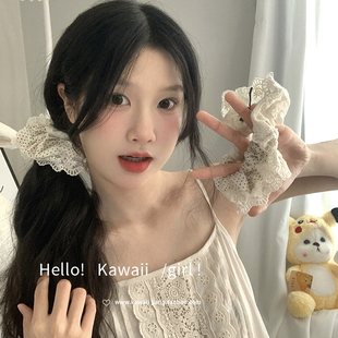韩系奶油色大肠发圈高级感复古蕾丝波点蝴蝶结侧扎发发绳头绳皮筋