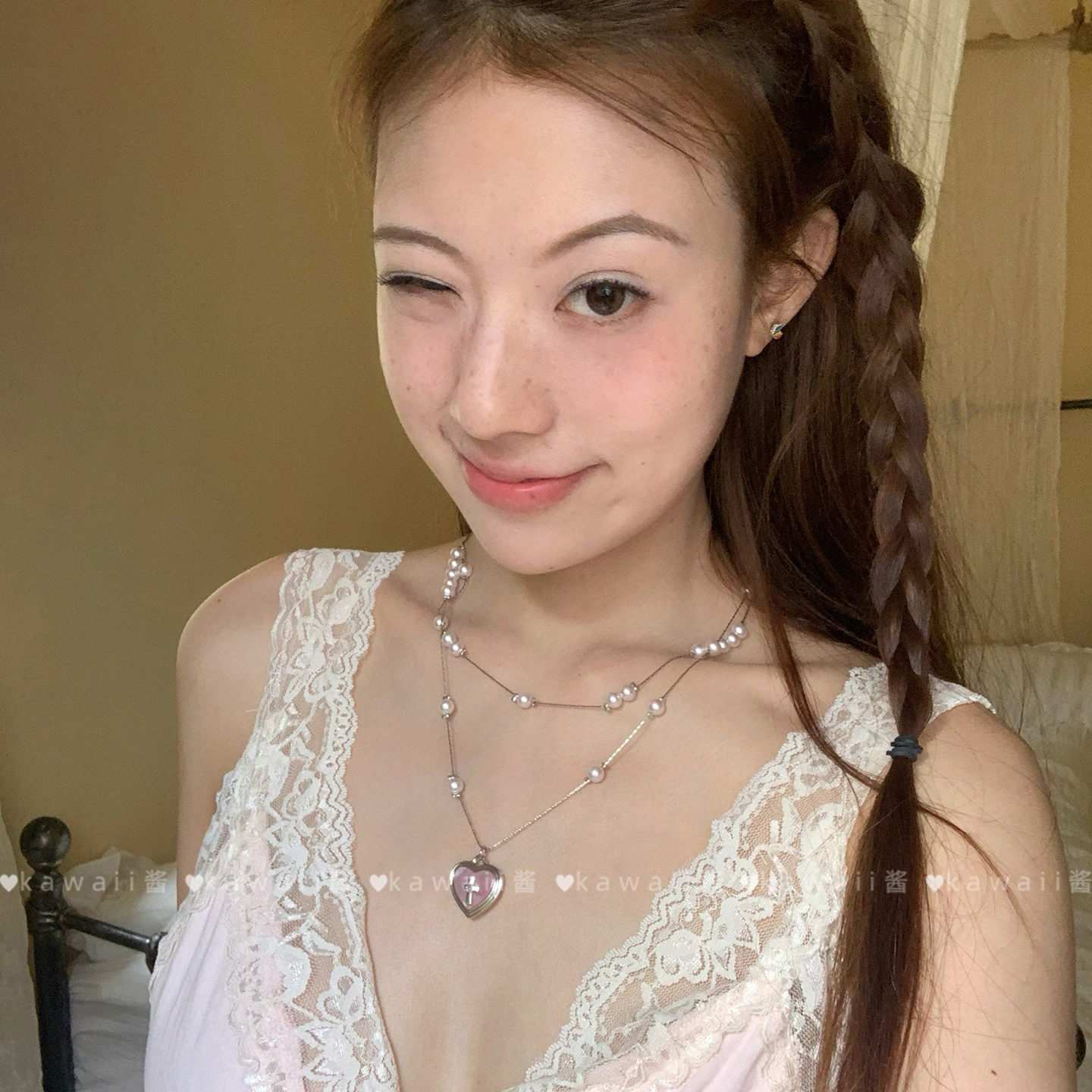 甜美少女粉色爱心珍珠叠戴项链