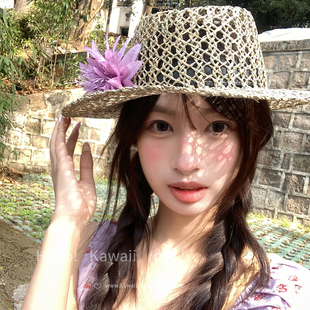 高质感 海边度假风遮阳防晒平顶礼帽 可拆卸镂空海葵花草帽女法式