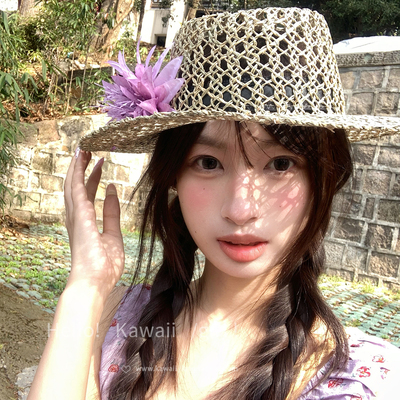 高质感！可拆卸镂空海葵花草帽女法式海边度假风遮阳防晒平顶礼帽