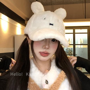 韩系甜美可爱米菲兔耳朵棒球帽2025新款冬季卡通保暖大头围鸭舌帽