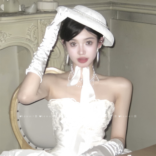 法式复古白色赫本蕾丝珍珠绑带礼帽万圣节晚宴名媛风礼服手套帽子