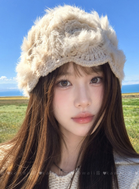 2026新款兔毛帽子女手工钩织保暖显脸小包头帽内蒙古旅游拍照冷帽