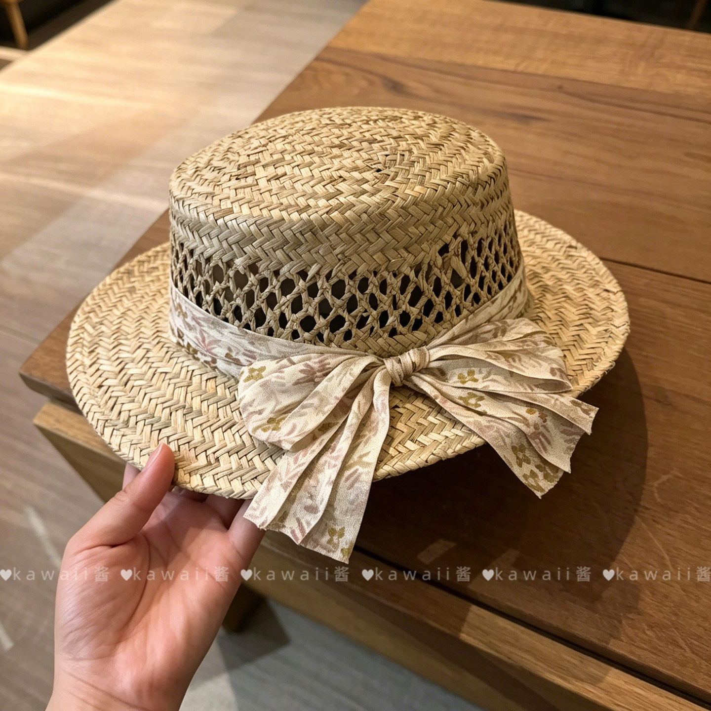 法式复古镂空草编平顶礼帽春夏季海边度假风防晒遮阳草帽优雅百搭
