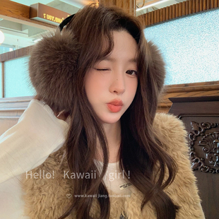 y2k辣妹咖色仿貂毛皮杆耳罩韩系氛围感毛绒耳包秋冬保暖骑行耳套