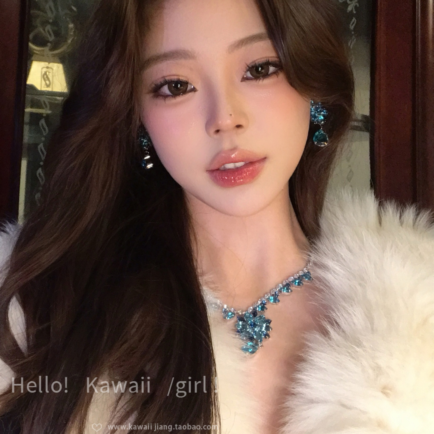 重工！轻奢蓝色花朵项链耳环套装