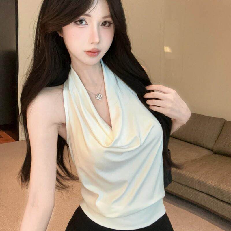 纯欲风荡领背后扭绳麻花挂脖背心女夏季新款性感露背辣妹短款上衣