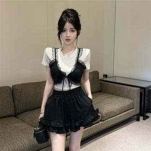 夏季 三件套女 辣妹纯欲风打底T恤叠穿系带蕾丝吊带套装 木耳边短裤