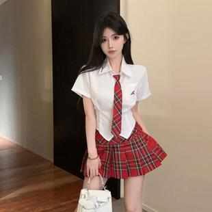 甜辣学院风JK制服POLO领短袖 潮 刺绣百搭衬衫 格子百褶半身裙套装