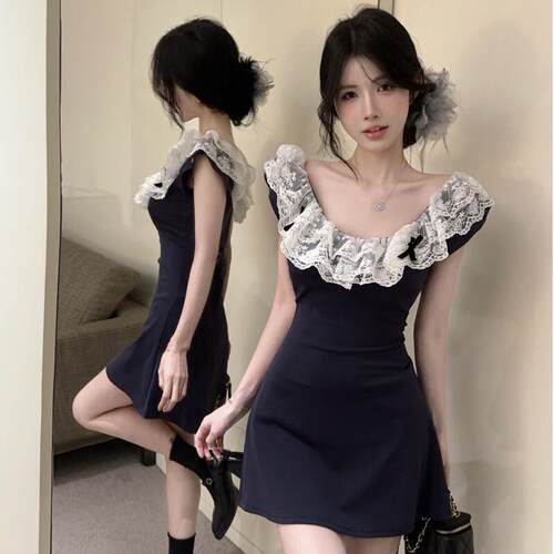 甜美纯欲V领荷叶边蕾丝拼接无袖连衣裙女气质收腰A字紧身包臀短裙