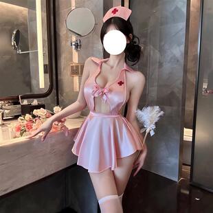 夜店辣妹角色扮演护士制服纯欲性感深V领挂脖收腰a字大露背连衣裙
