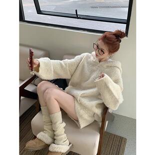 慵懒风套装白色软糯宽松连帽毛衣女春季高腰针织短裤小个子两件套