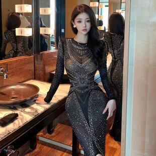 欧美性感小女人圆领网纱烫钻长裙长袖开叉派对礼服连衣裙