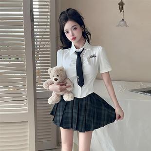 套装 韩版 格纹百褶半身裙时尚 学院风jk制服POLO领短袖 单排扣衬衫