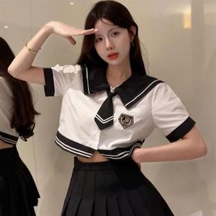 学院风上衣 夏季 海军领衬衫 短袖 女jk制服纯欲白衬衣减龄小个子短款