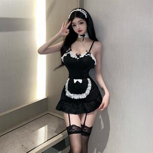 角色扮演女仆女佣制服设计感蕾丝花边撞色无袖性感露背吊带连衣裙