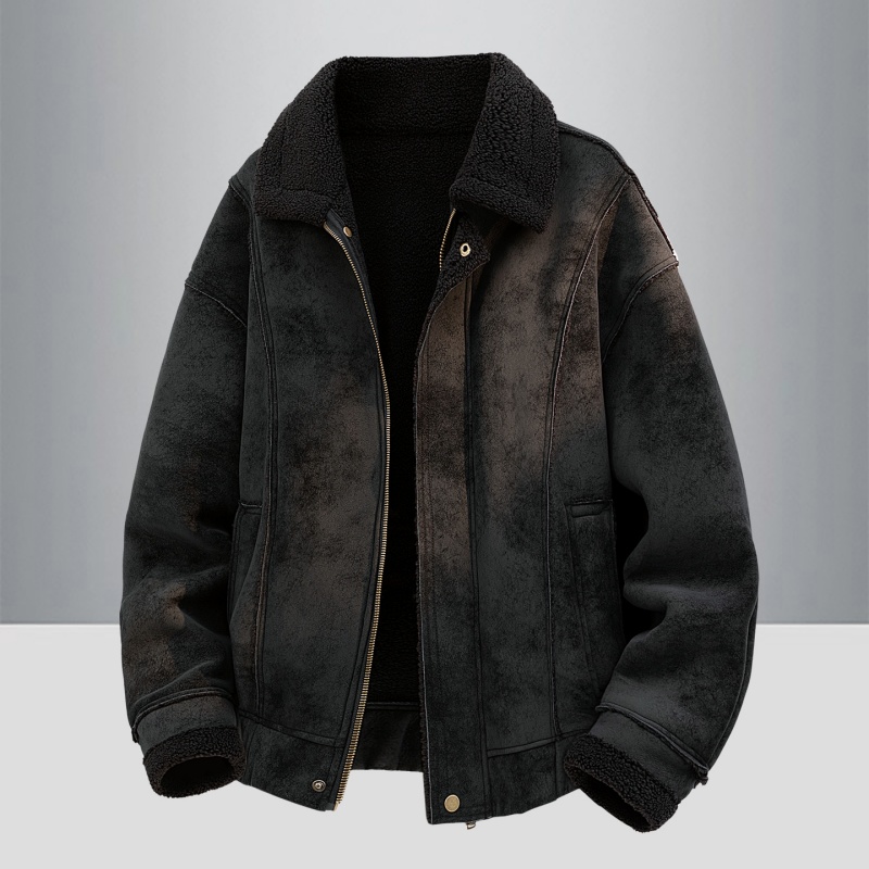 纯色秋冬男士外套夹克棉衣毛领羊羔绒加绒保暖加厚宽松