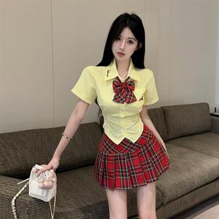 纯欲辣妹POLO领蝴蝶结排扣短袖 衬衫 高腰格子百褶半裙jk制服套装