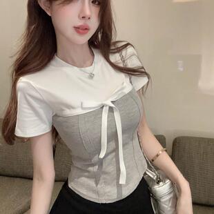纯欲辣妹短款 鱼骨小上衣独特绝美 t恤女夏季 蝴蝶结假两件正肩短袖