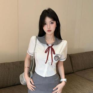 上衣 夏季 娃娃领衬衫 女修身 减龄蝴蝶结甜美制服学院风韩系穿搭短款
