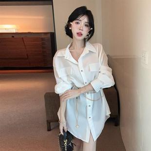炼条上衣女 白色POLO领单排扣长袖 宽松百搭衬衫 韩版 气质显瘦中长版