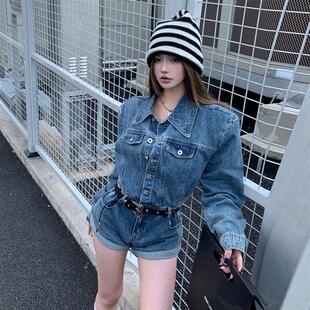 小个子酷飒阔腿高腰连身短裤 时髦复古辣妹宽松显瘦长袖 牛仔连体裤