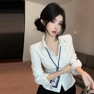衬衫 白色POLO领百搭OL制服长袖 纯欲性感气质收腰单排扣外穿上衣女