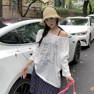 罩衫 2025夏季 卡通印花T恤长袖 新款 女 白色斜肩上衣宽松慵懒风薄款