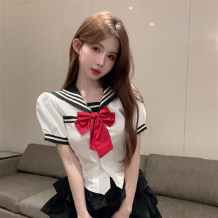 学院风jk制服海军领少女甜美上衣 夏季 蝴蝶结短袖 衬衫 女小个子短款