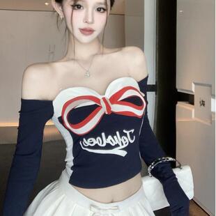 甜辣妹露肩蝴蝶结设计感一字肩长袖 夏季 新款 上衣 T恤纯欲性感短款