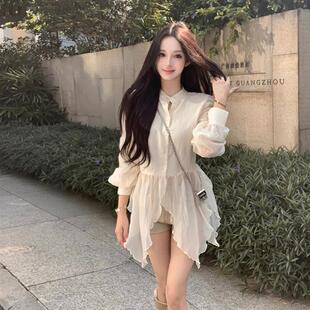 仙气飘逸微透视若隐若现不规则下摆衬衫纯欲百搭显瘦长袖小众上衣