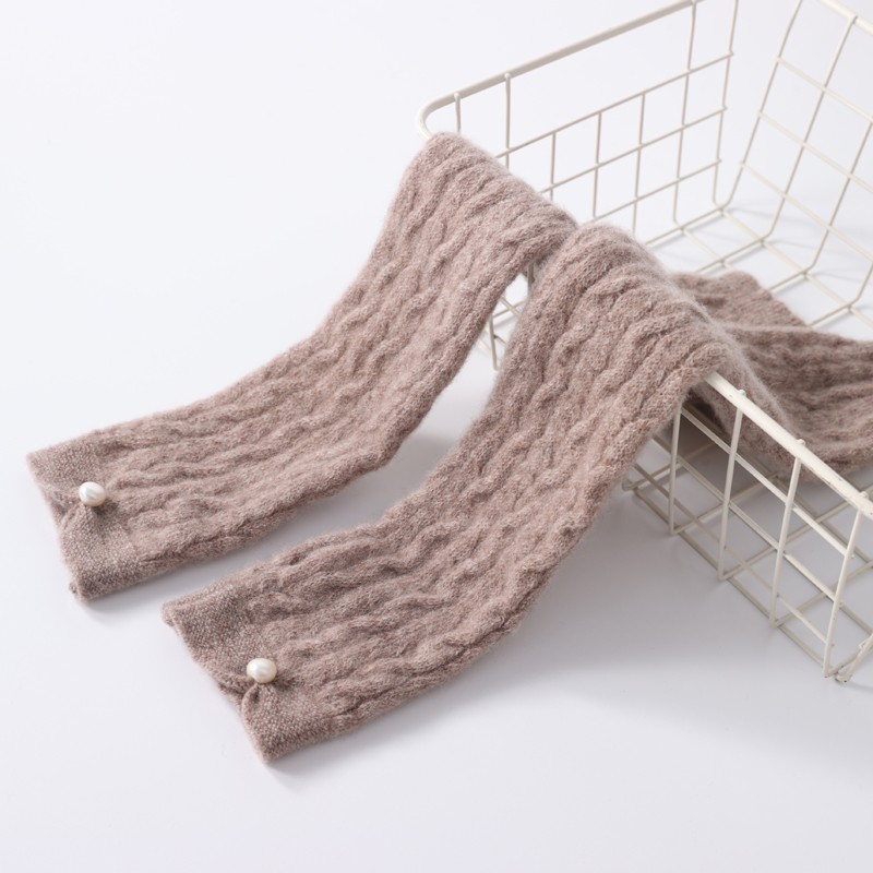 秋冬羊绒羊毛长款露指手套女士麻花针织珍珠保暖护胳膊袖子手臂套