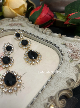 法式复古长款黑色水晶镶钻耳环名媛小众设计轻奢精致高级耳饰耳夹