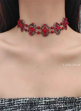 重工choker红色水晶珍珠项链朋克红黑哥特嘻哈高街项圈亚文化配饰