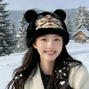 2025冬季新款国风刺绣毛绒帽醒狮男女可爱耳朵保暖帽加绒卡通帽子