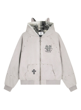 FOCK 原创设计恶魔猫咪柳丁麂皮绒加绒加厚连帽外套男女保暖棉衣